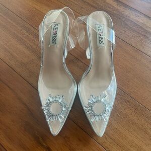 NWOT Wet Kiss Silver Clear Heels with Crystal Embellishments